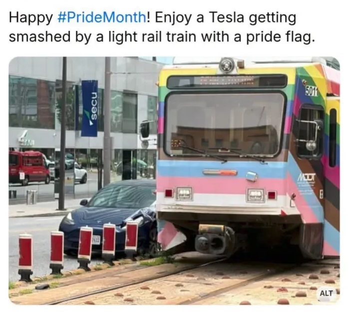 Tesla getting smashed by a light rail train with a pride flag design